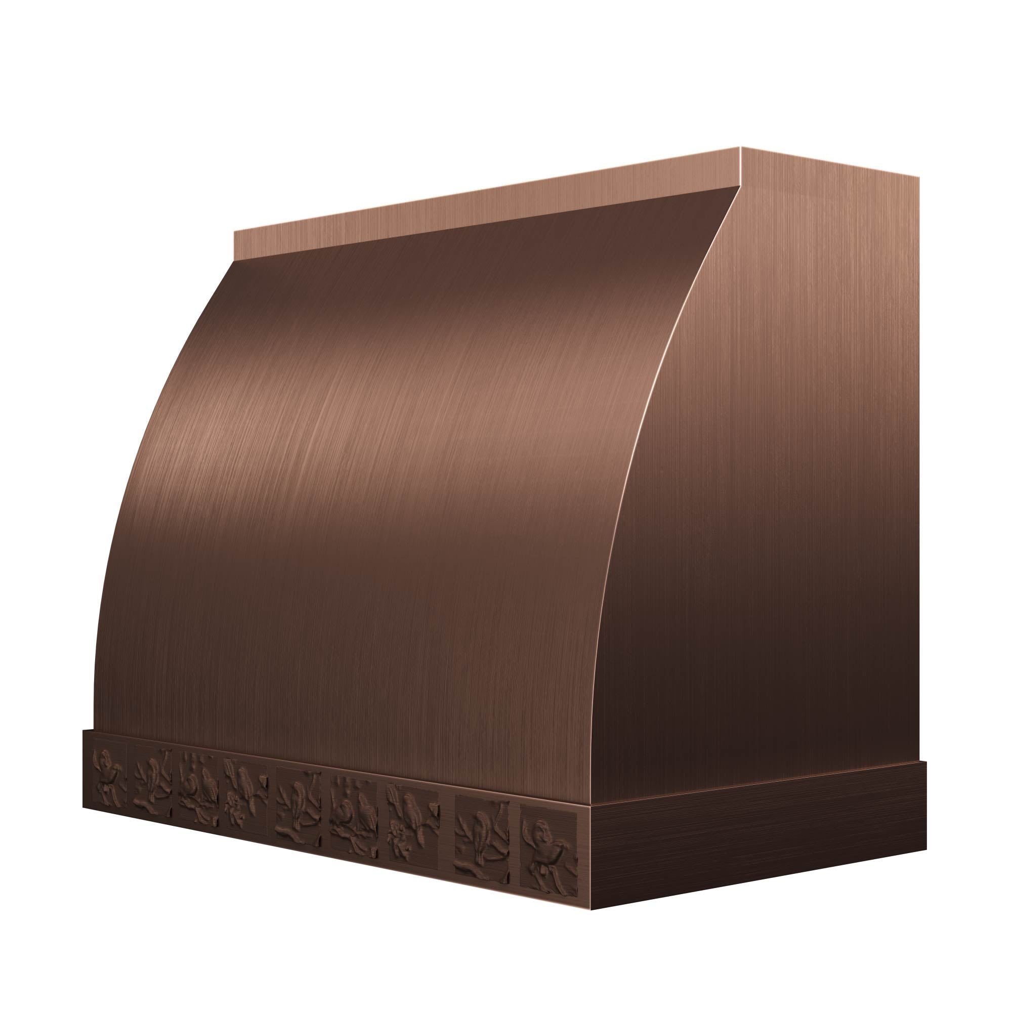 Brushed curved waist  copper hood with bird relief base, perfect for nature inspired kitchens