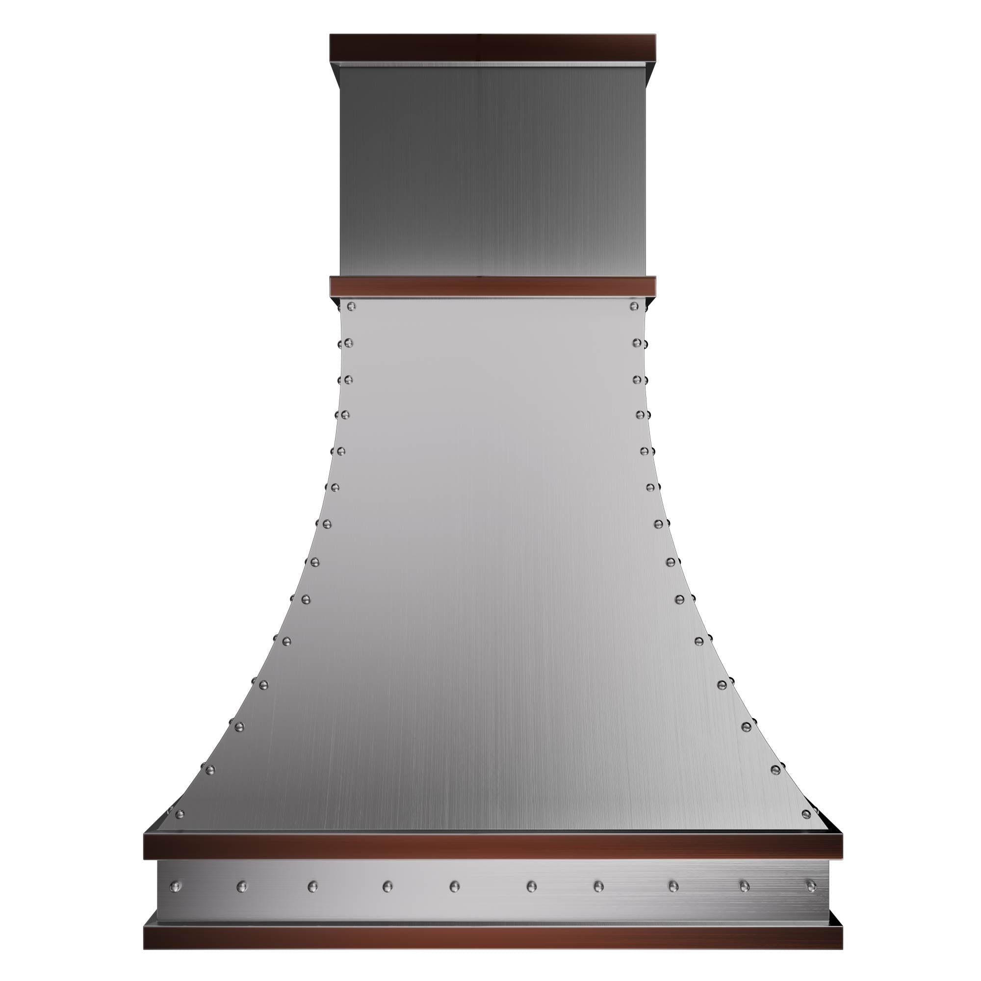 Stainless steel range hood with bronze trim and rivets, designed for industrial - chic kitchens