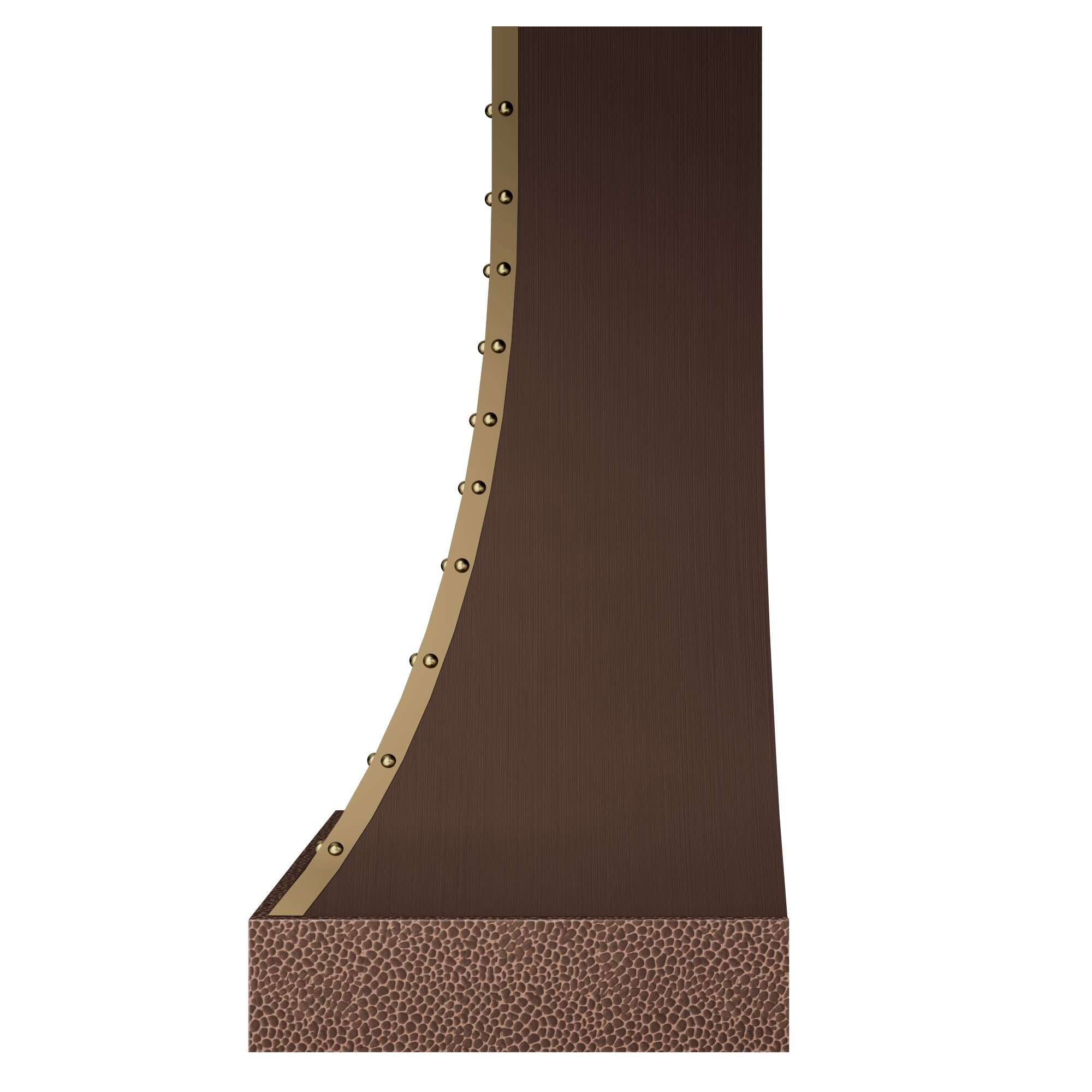 Copper hood with gold rivet trim, featuring a textured hammered base to elevate kitchen edge