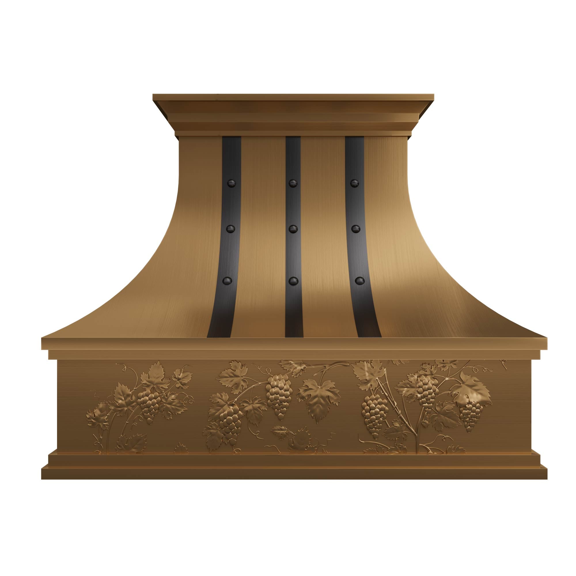 Curved - waist copper range hood with riveted black stripes & grapevine - relief base, perfect for wine - inspired interiors