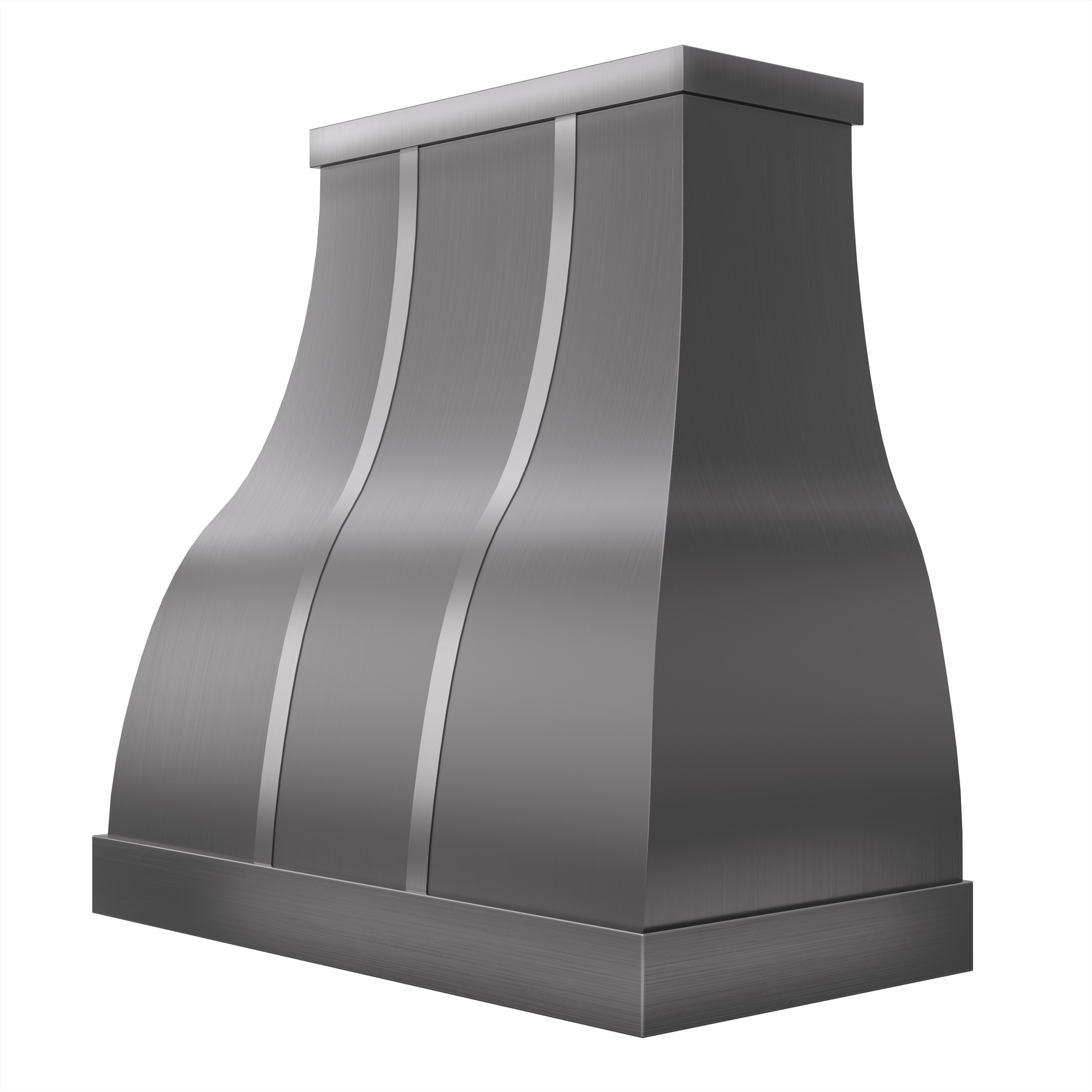 Curved stainless steel range hood with silver stripes, 3D rendered as CKH - S03