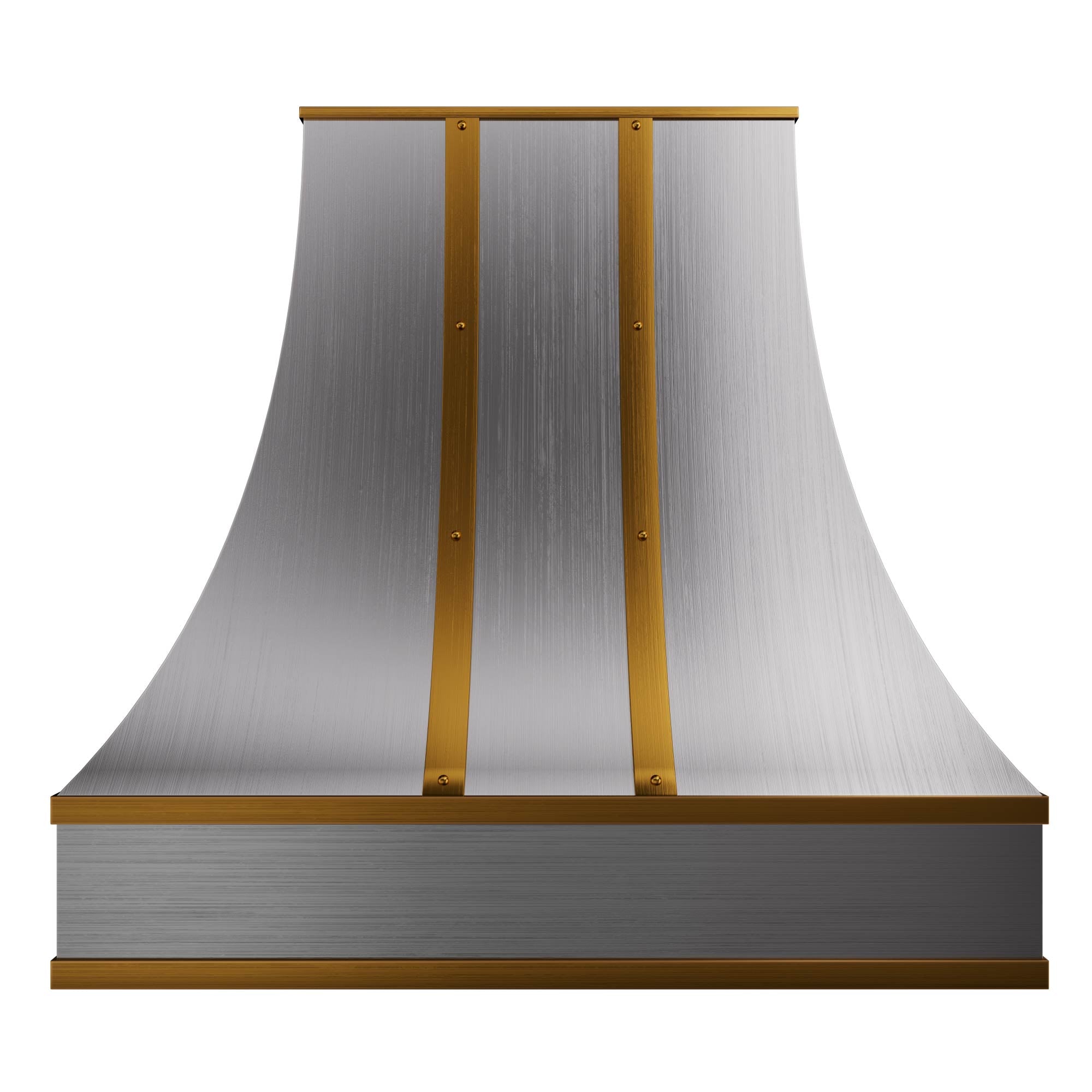 stainless steel range hood featuring a curved silhouette, gold metal trim accents, and rivet detailing, ideal for adding a luxurious touch to kitchens.