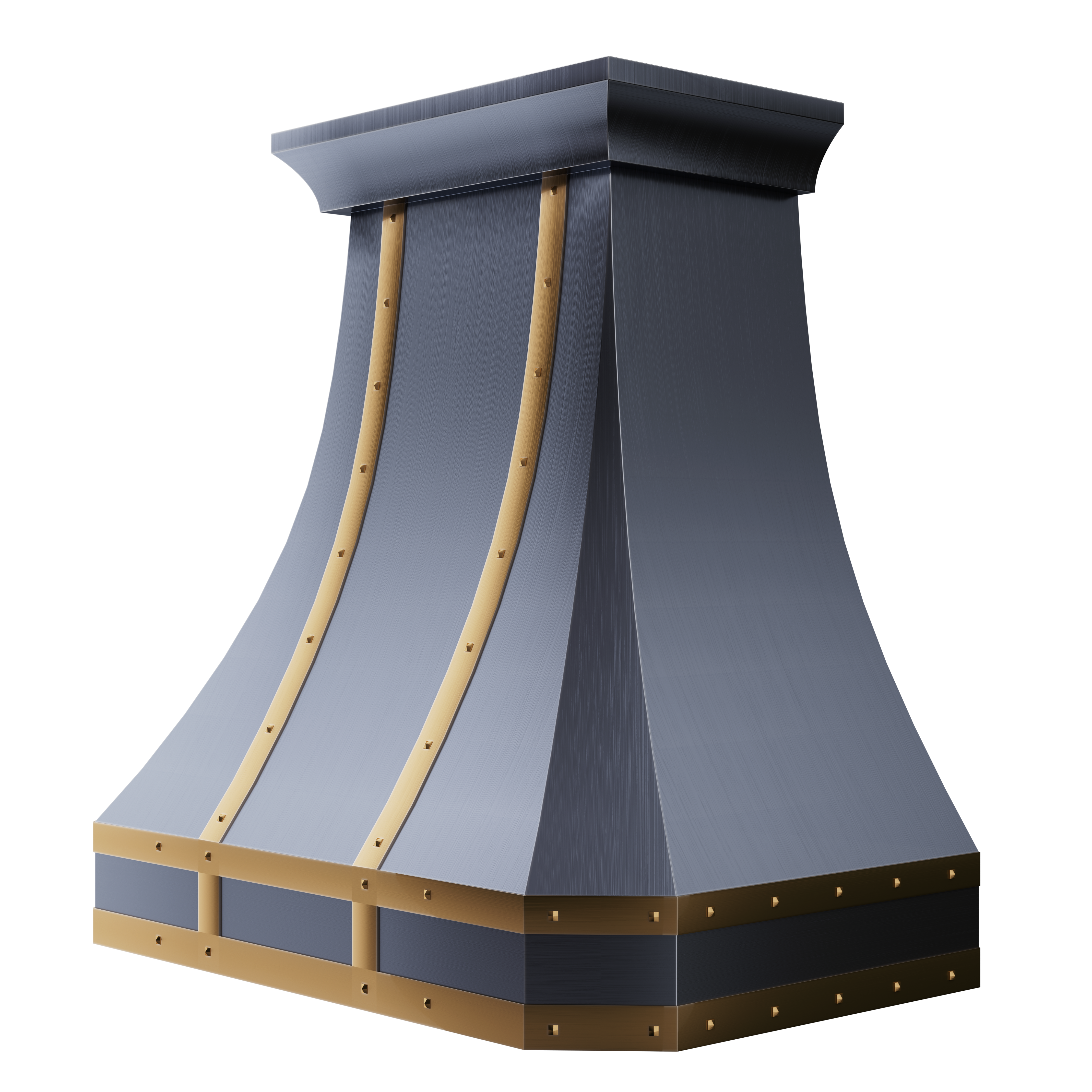 Artisan - made curved stainless steel range hood with gold accents, elevating modern kitchen aesthetics and performance