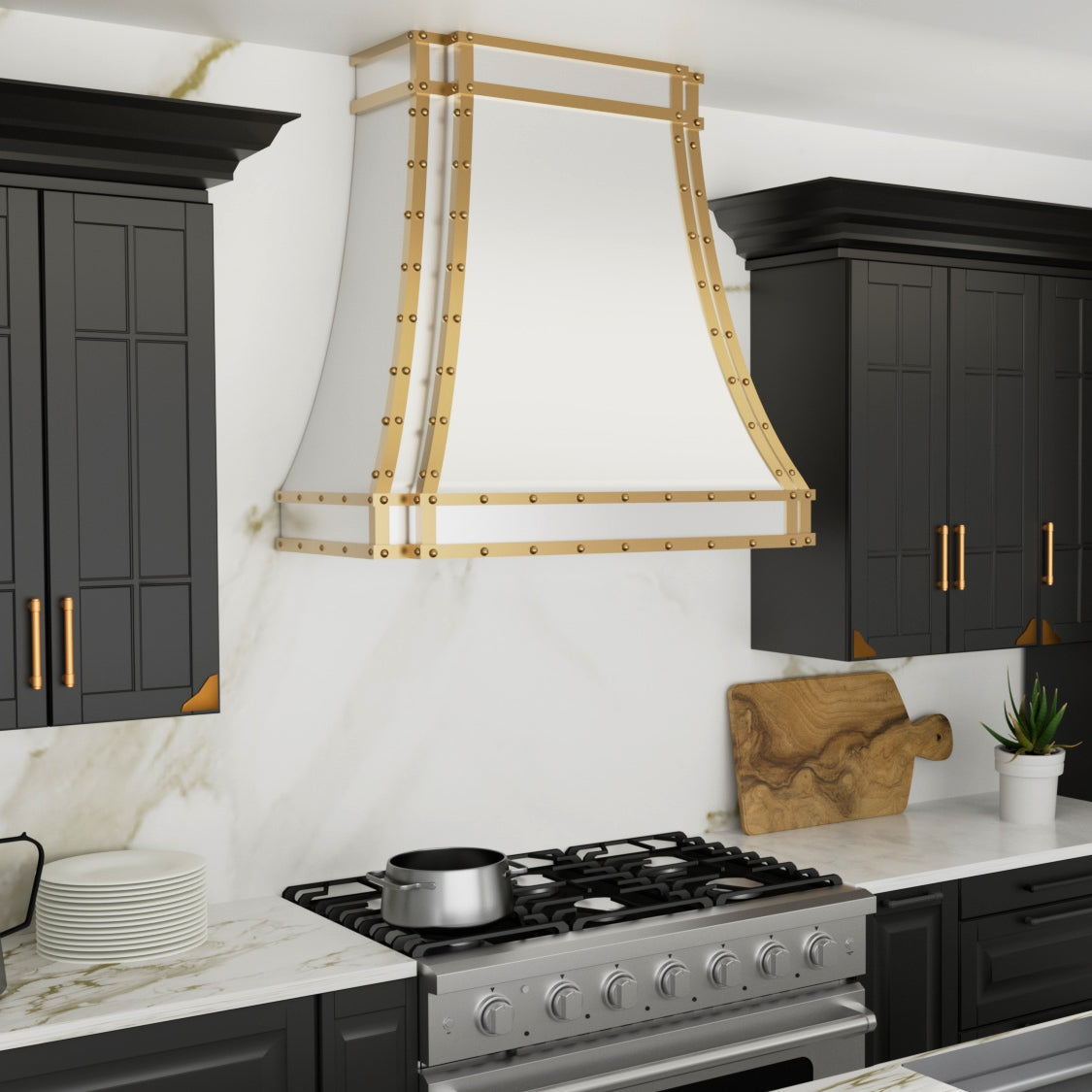 Modern kitchen with black cabinets, white marble countertop, and gold accents.