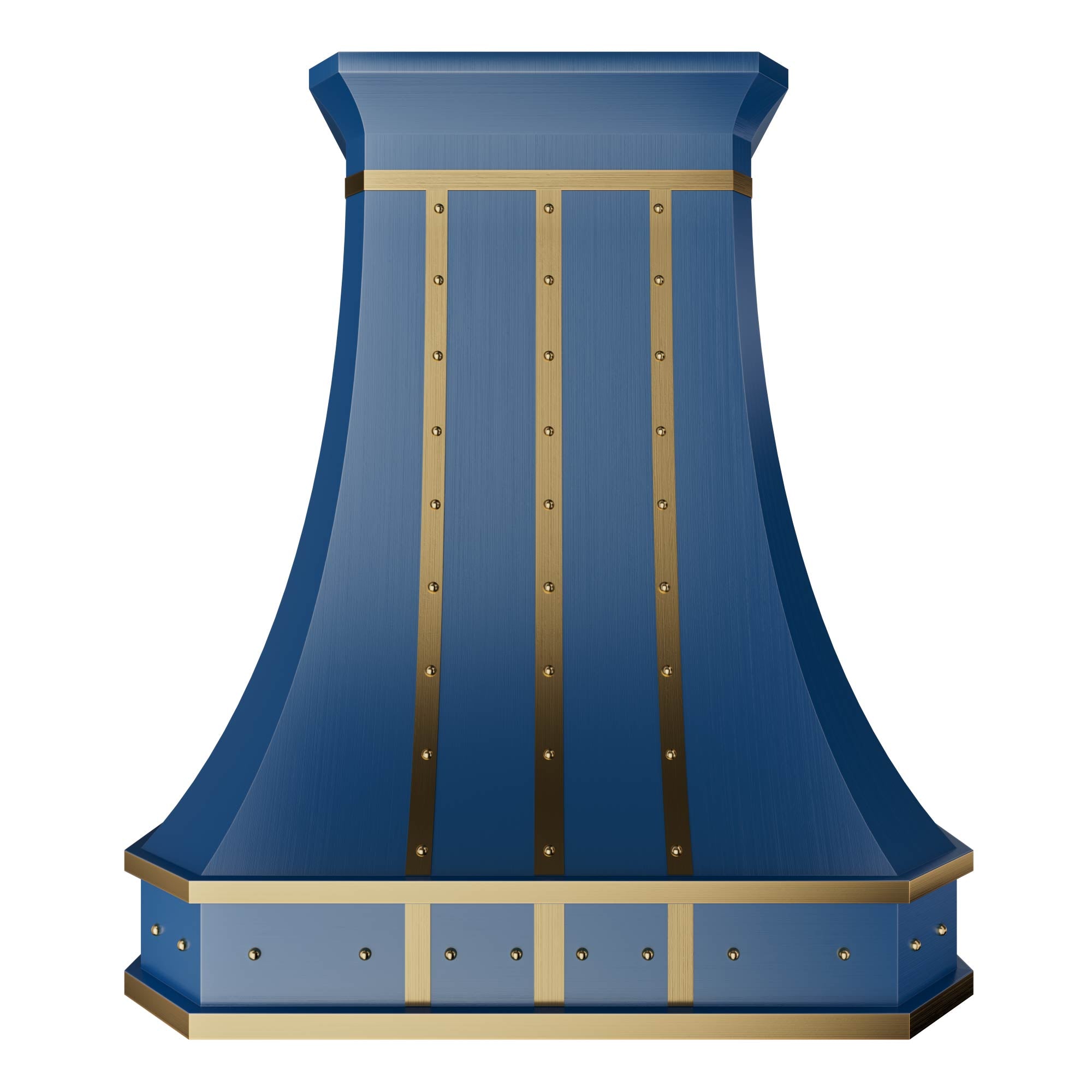 Polished blue stainless steel range hood with gold straps, rivets, and a curved shape—offering durable functionality