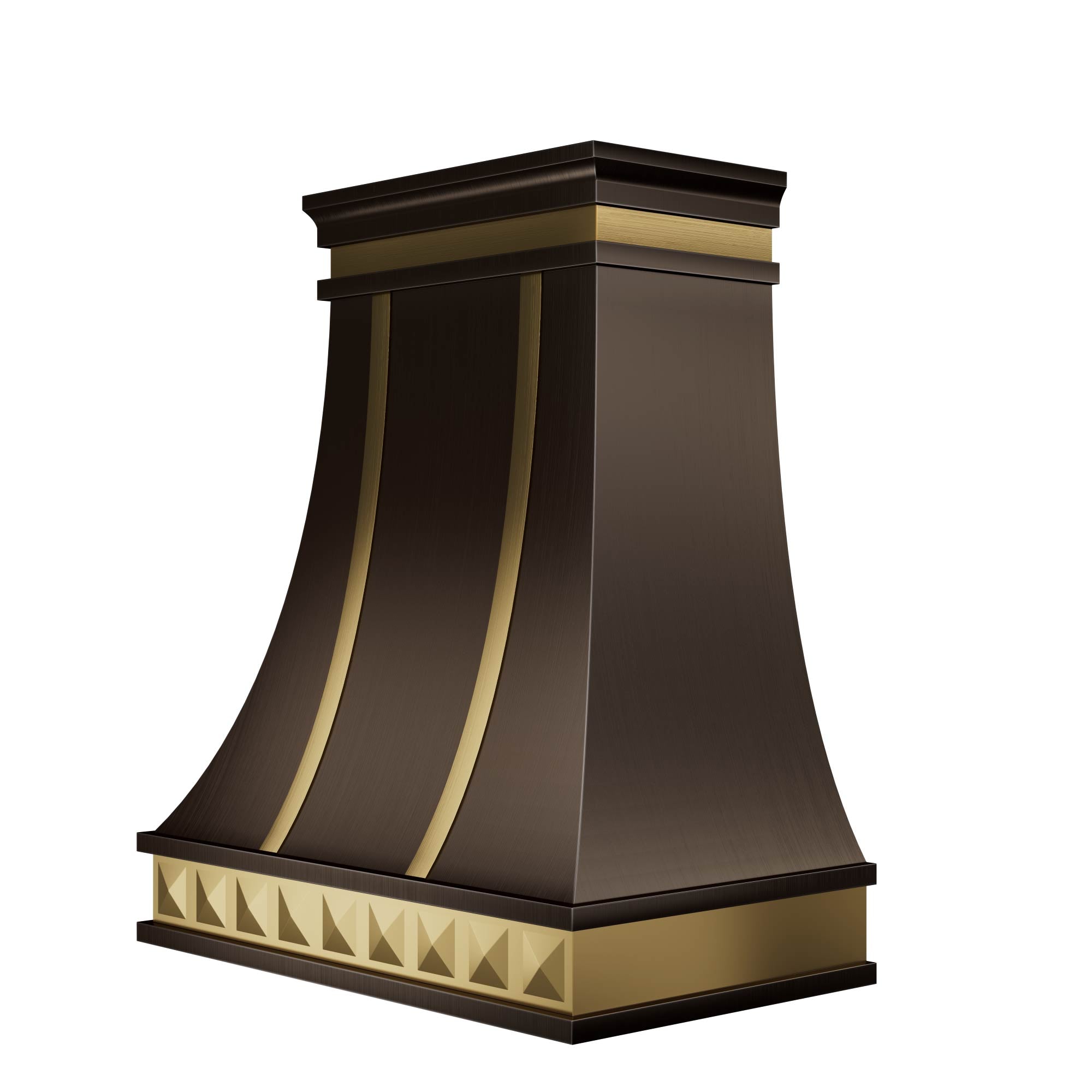 Elegant curved stainless steel range hood adorned combining sleek stainless - steel craftsmanship and vintage - inspired decorative elements.