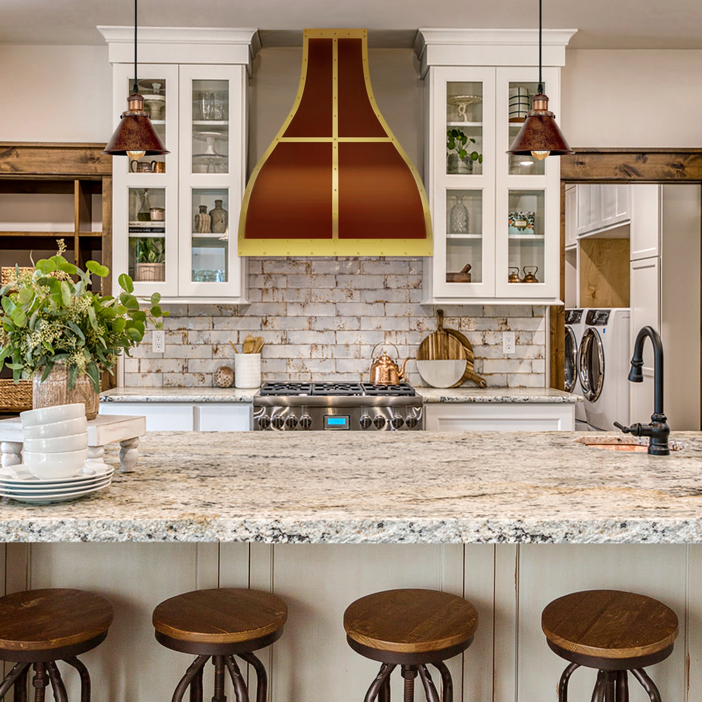 handcrafted stainless range hood with gold - trimmed accents, showcasing a curved, vintage - inspired design ideal for elegant kitchen spaces.