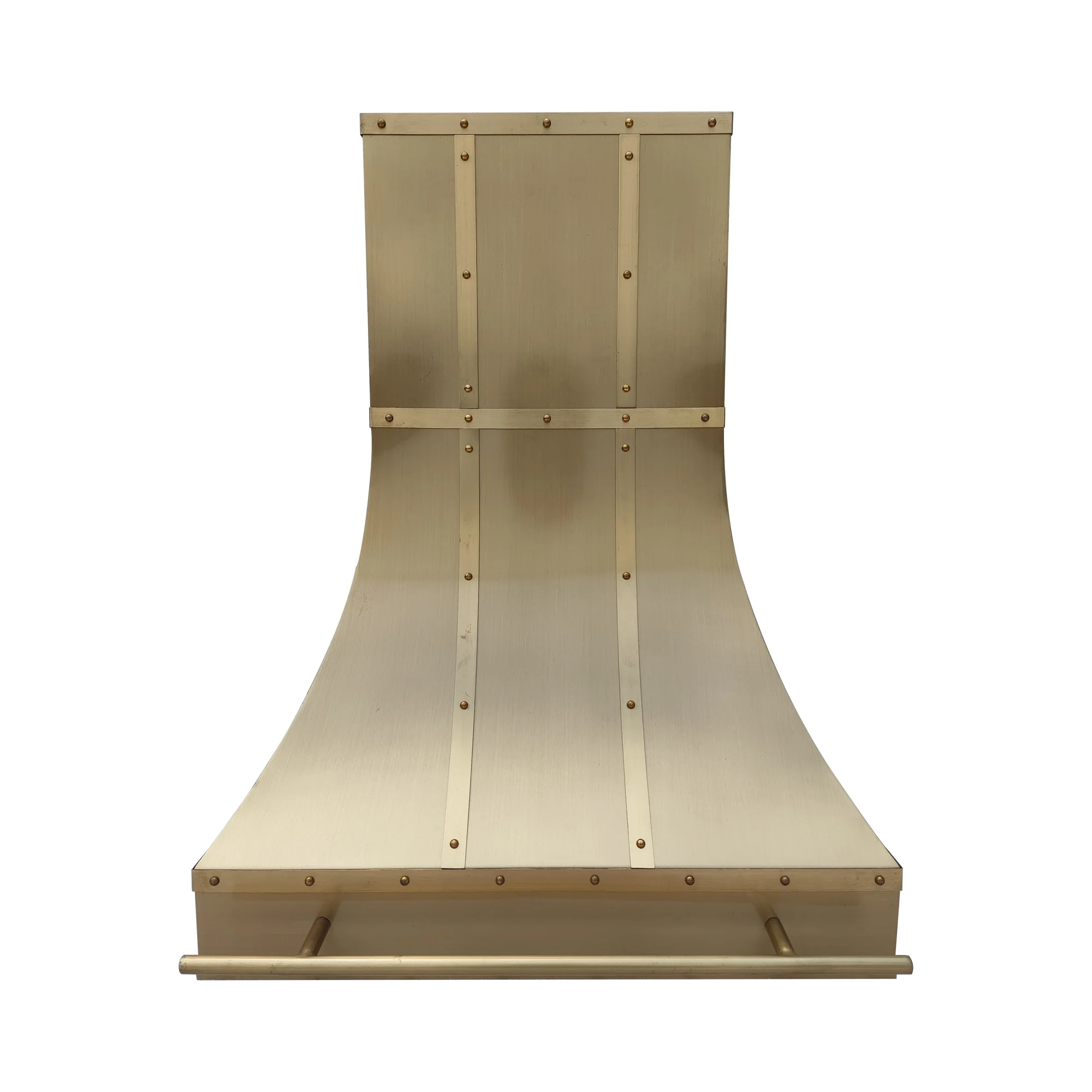 Farmhouse-style rustic brass stove vent hood in country kitchen