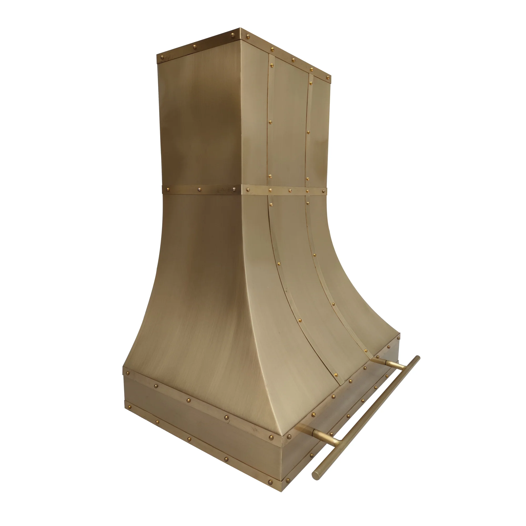 farmhouse-style rustic brushed brass stove vent hood in country kitchen