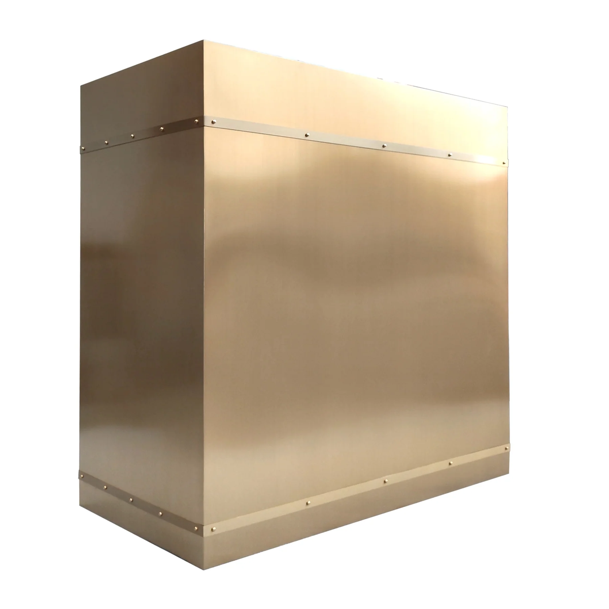 custom brass stove vent hood with brass straps and round rivets