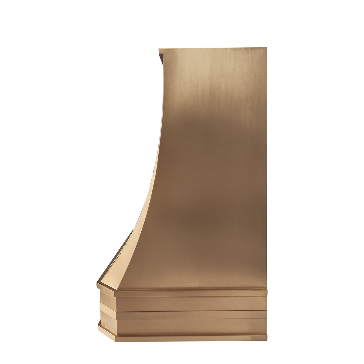 modern range hood chimney with a curved backplate and tiered base, finished in a brushed warm brushed brass