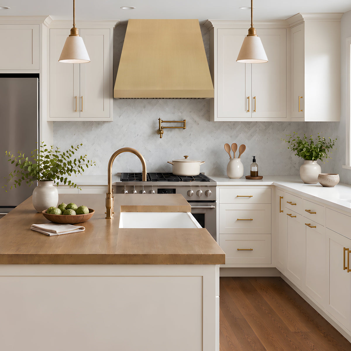 a modern kitchen brushed brass range hood