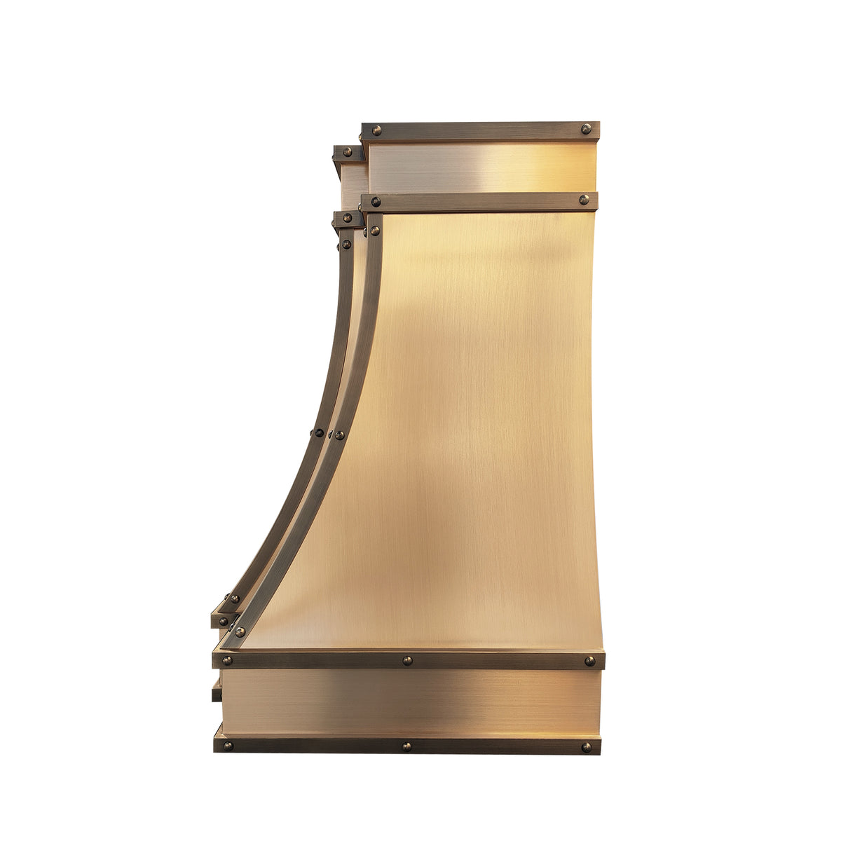 handcrafted brass range hood with antique straps and rivets