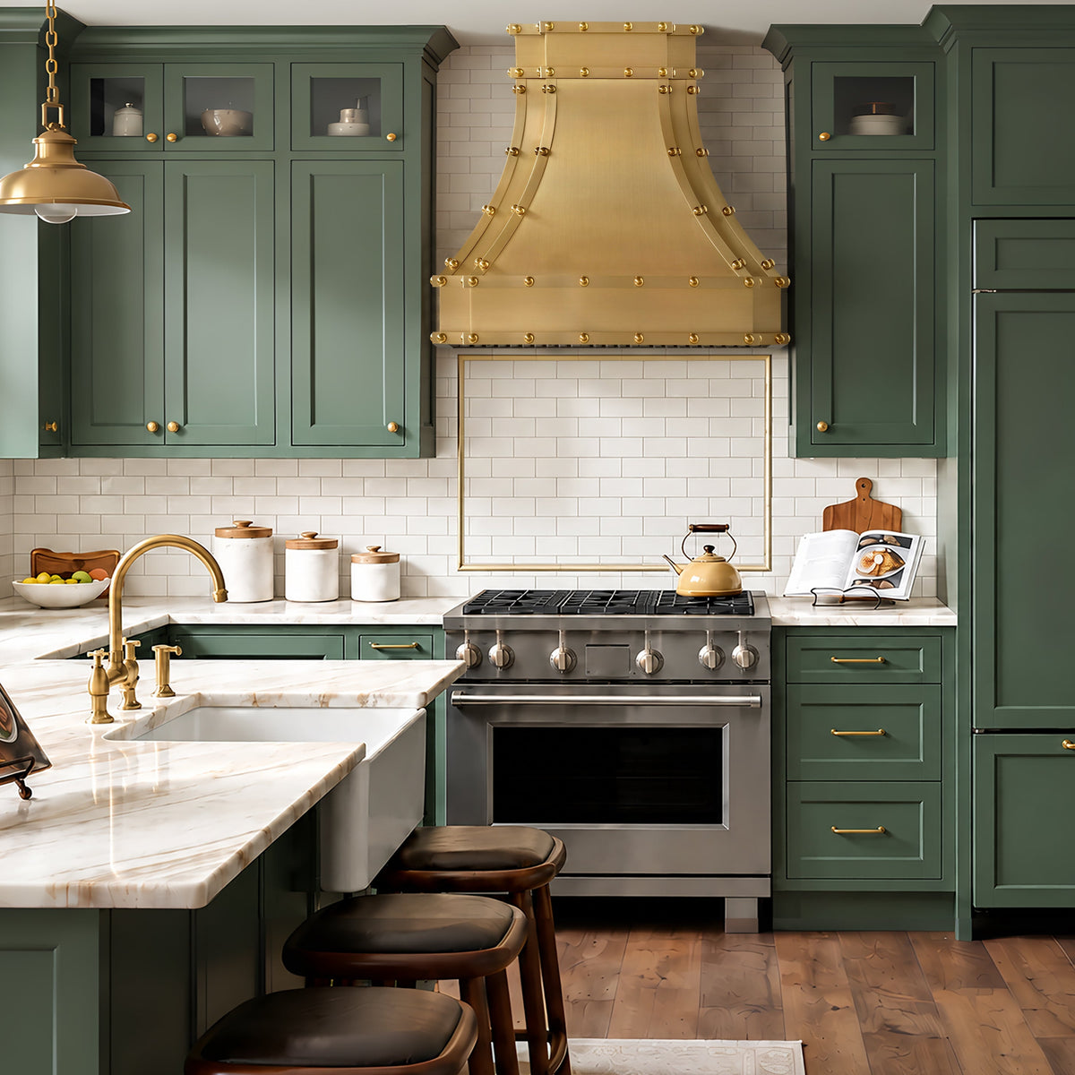 brushed brass range hood in a luxury kitchen