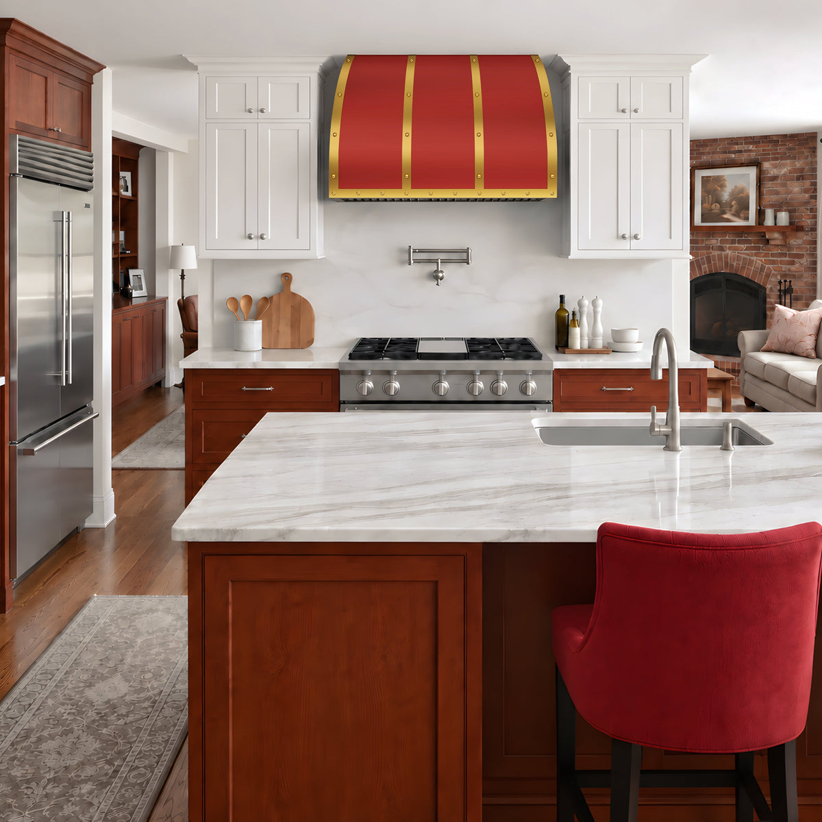 handmade stainless steel kitchen range hood with brushed brass straps and round rivets