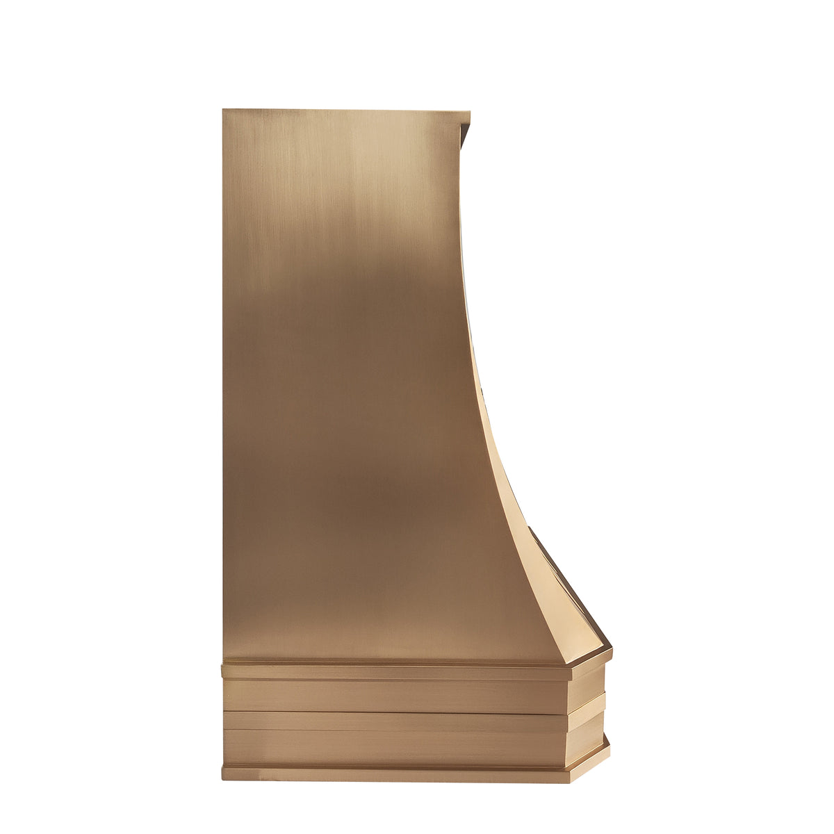 a modern range hood chimney cap in brushed brass, shown from a side profile view