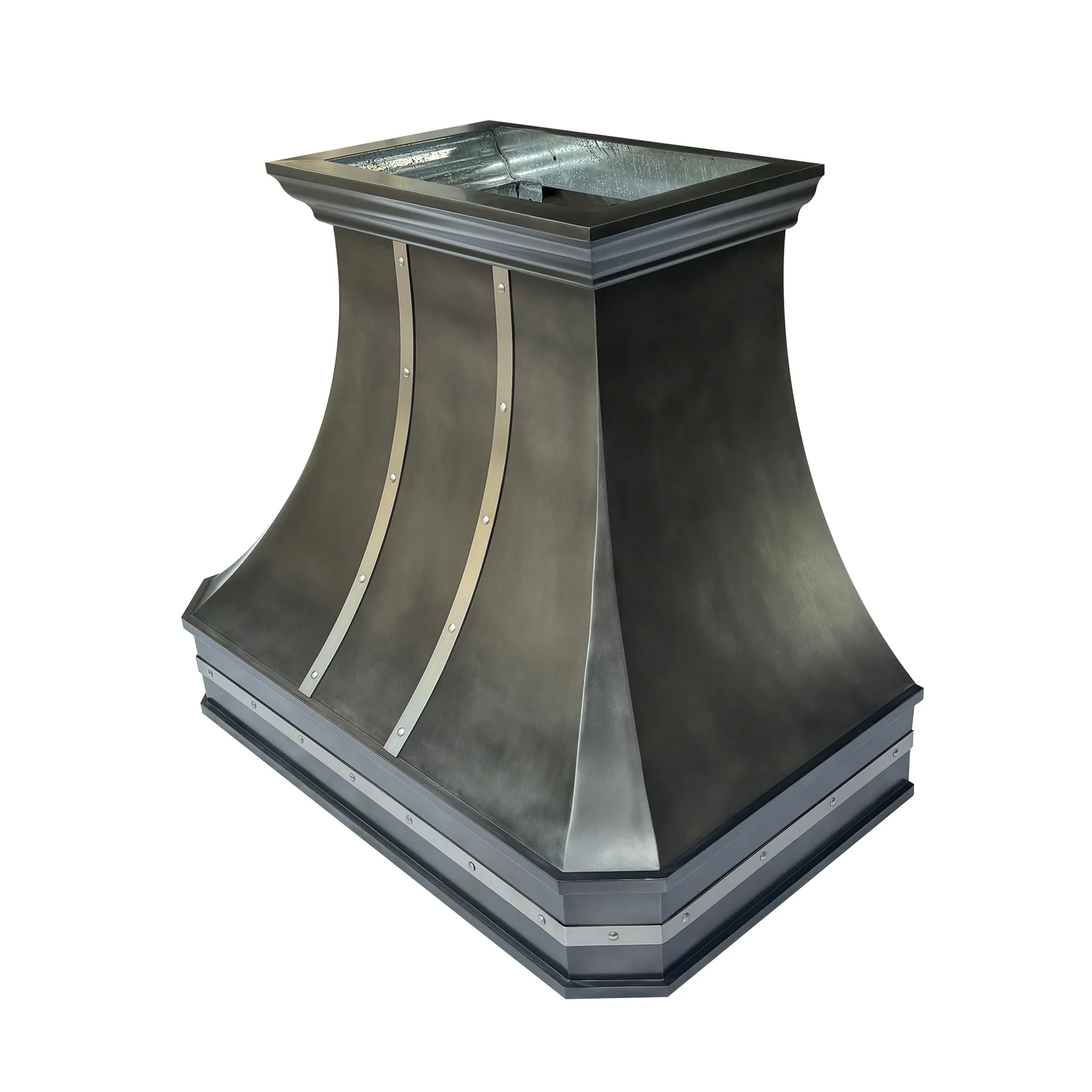 Decorative metal pedestal with a textured surface on a white background