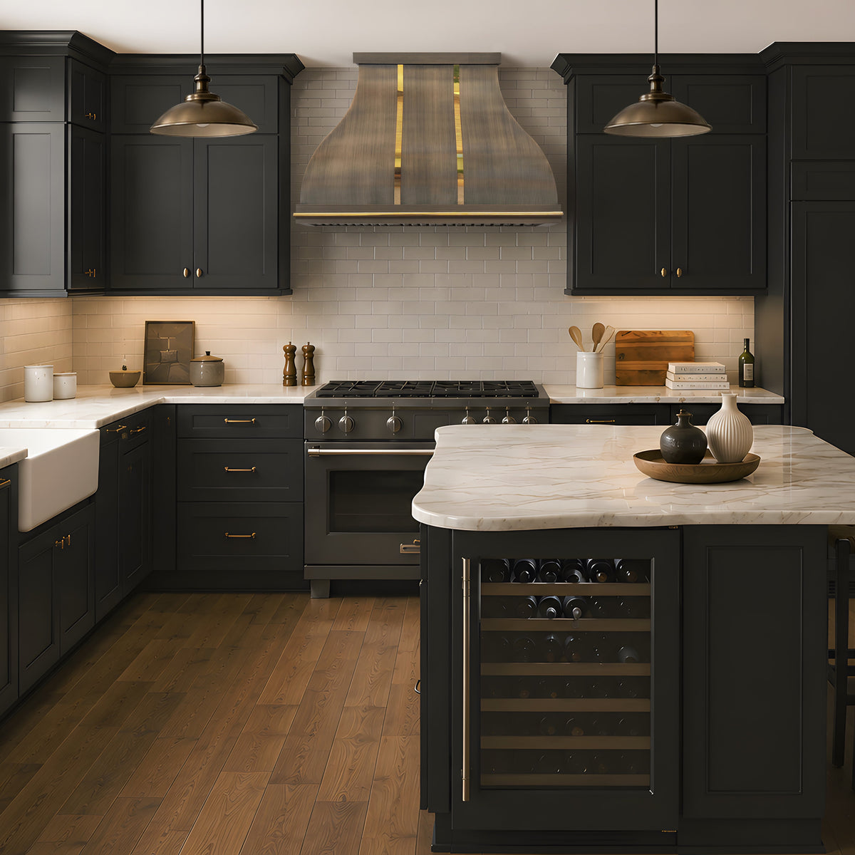 antique brass custom range hood in a modern kitchen