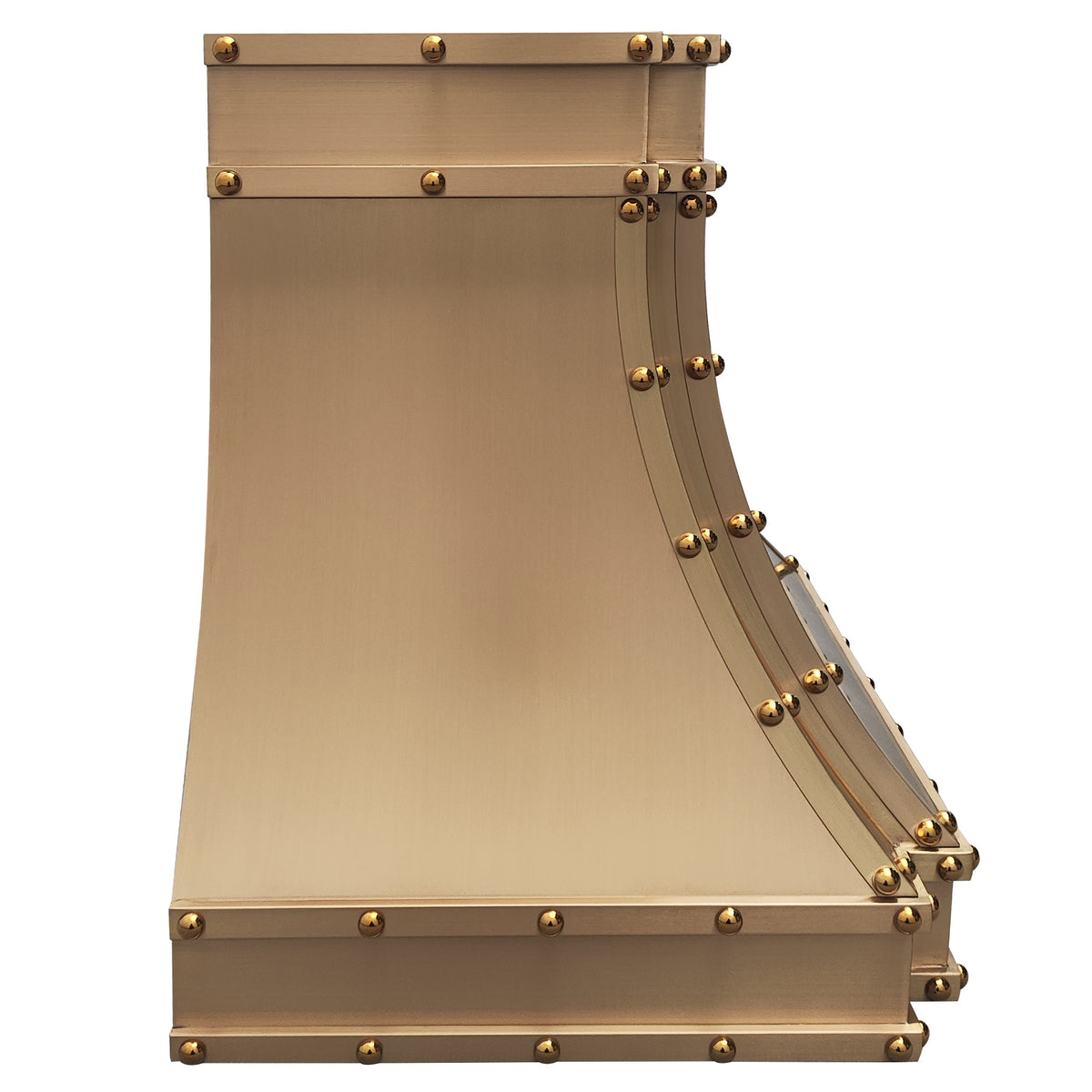 modern kitchen brass range hood with brass round rivets