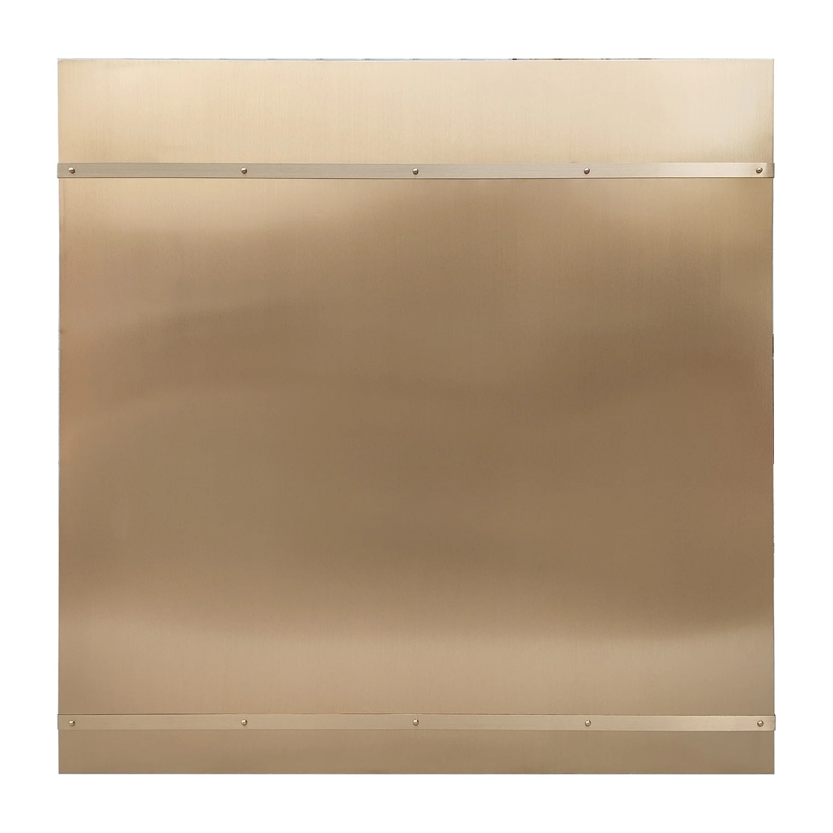 modern brass stove vent hood with straps and rivets in kitchen