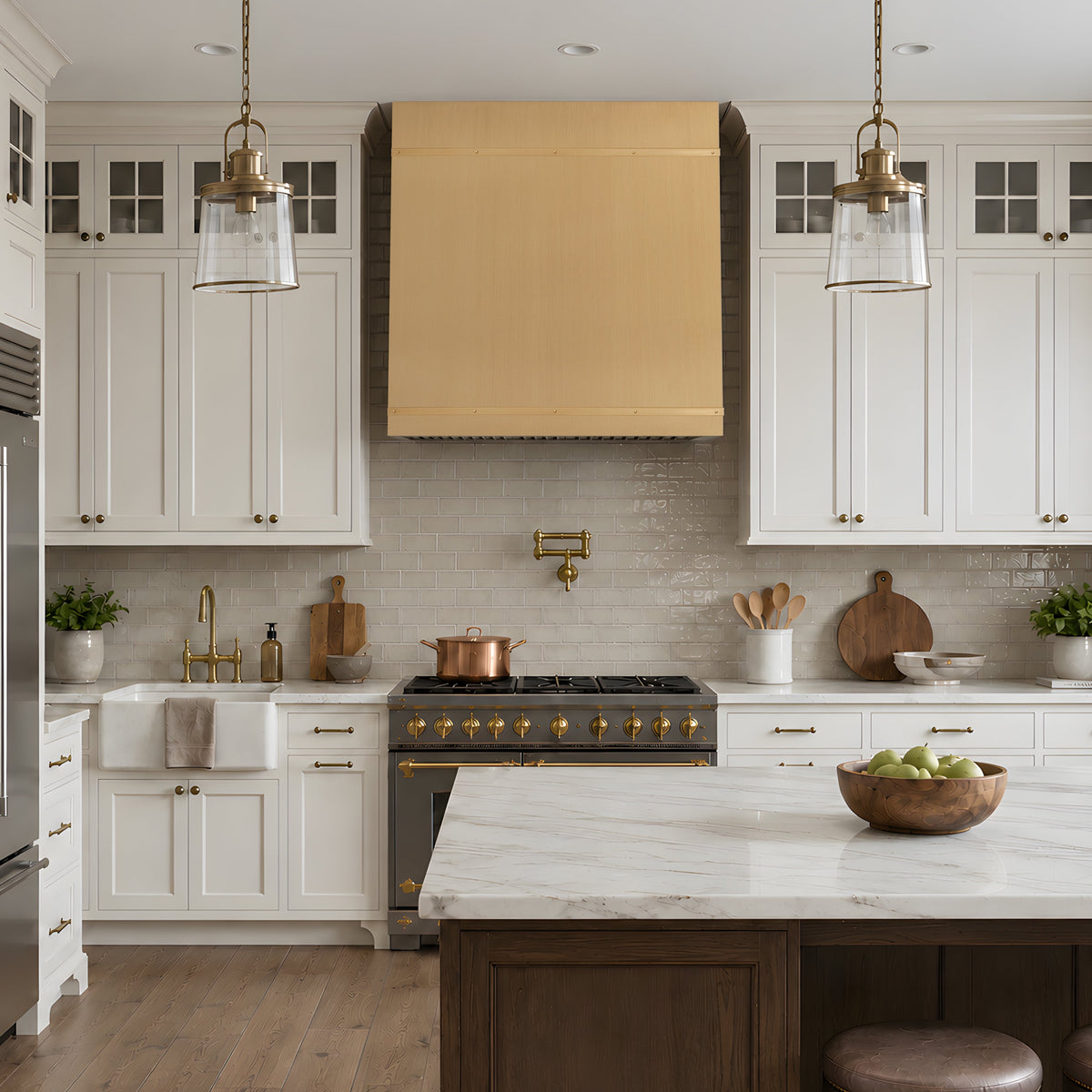 brushed brass kitchen range hood in a bright, modern farmhouse-style kitchen