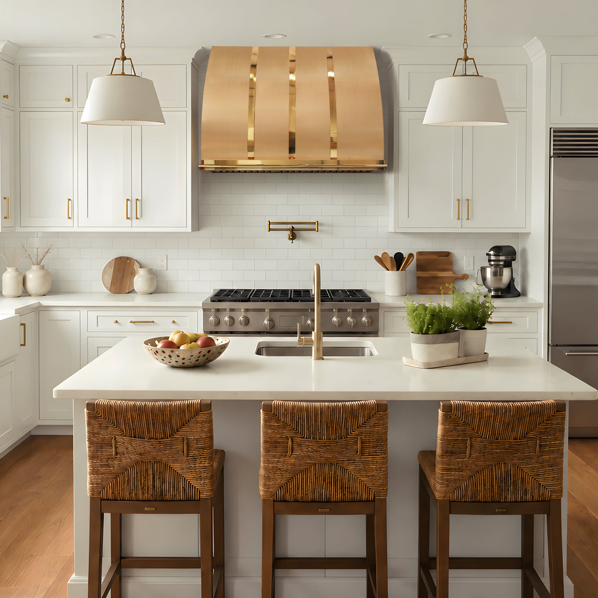 custom brass range hood with polished straps in a warm kitchen
