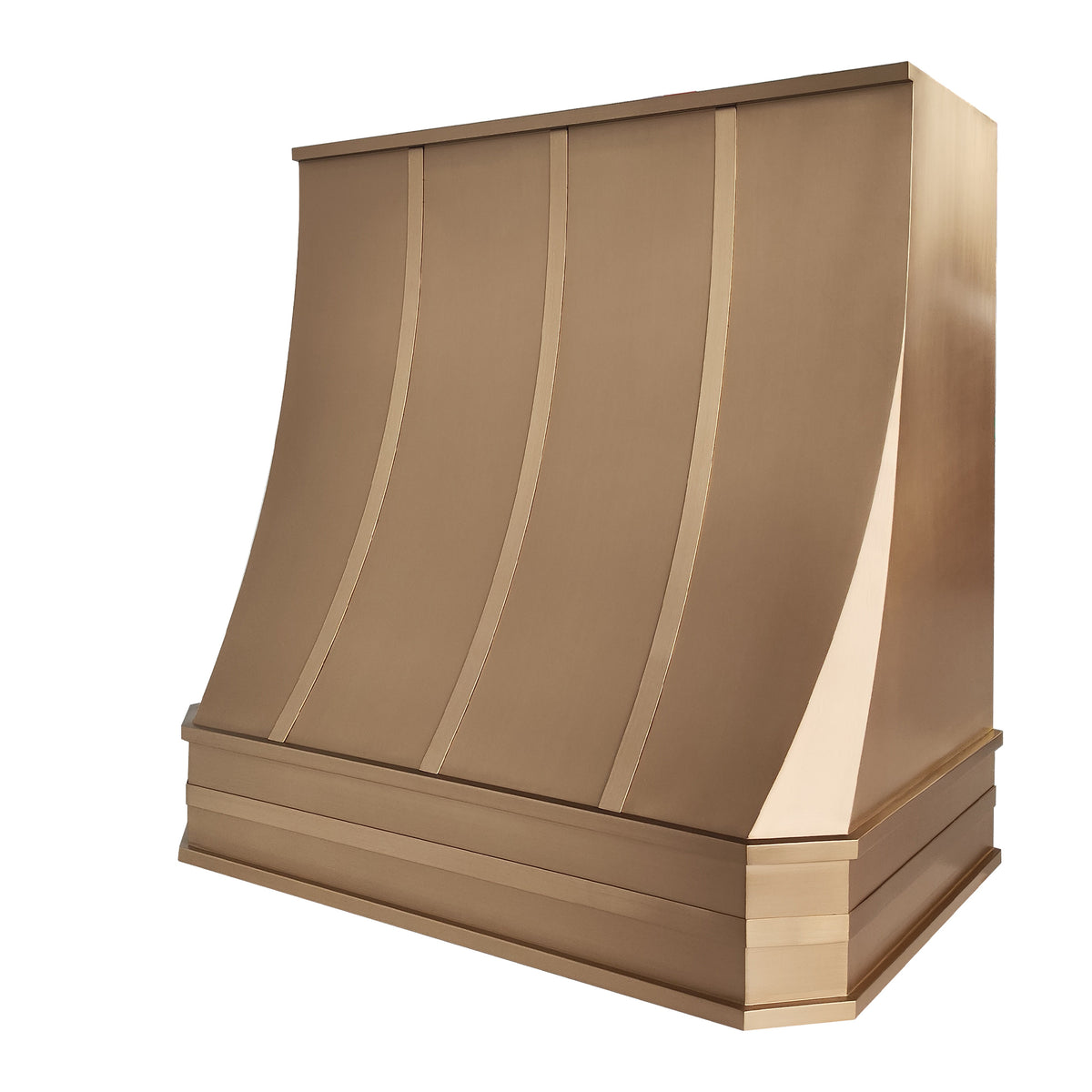 A modern curved brushed brass range hood or wall-mounted ventilation unit in a brushed metallic bronze finish